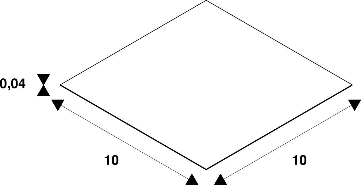 Quadratische Fläche mit Seiten von 10, diagonale Markierungen bei 0,04.