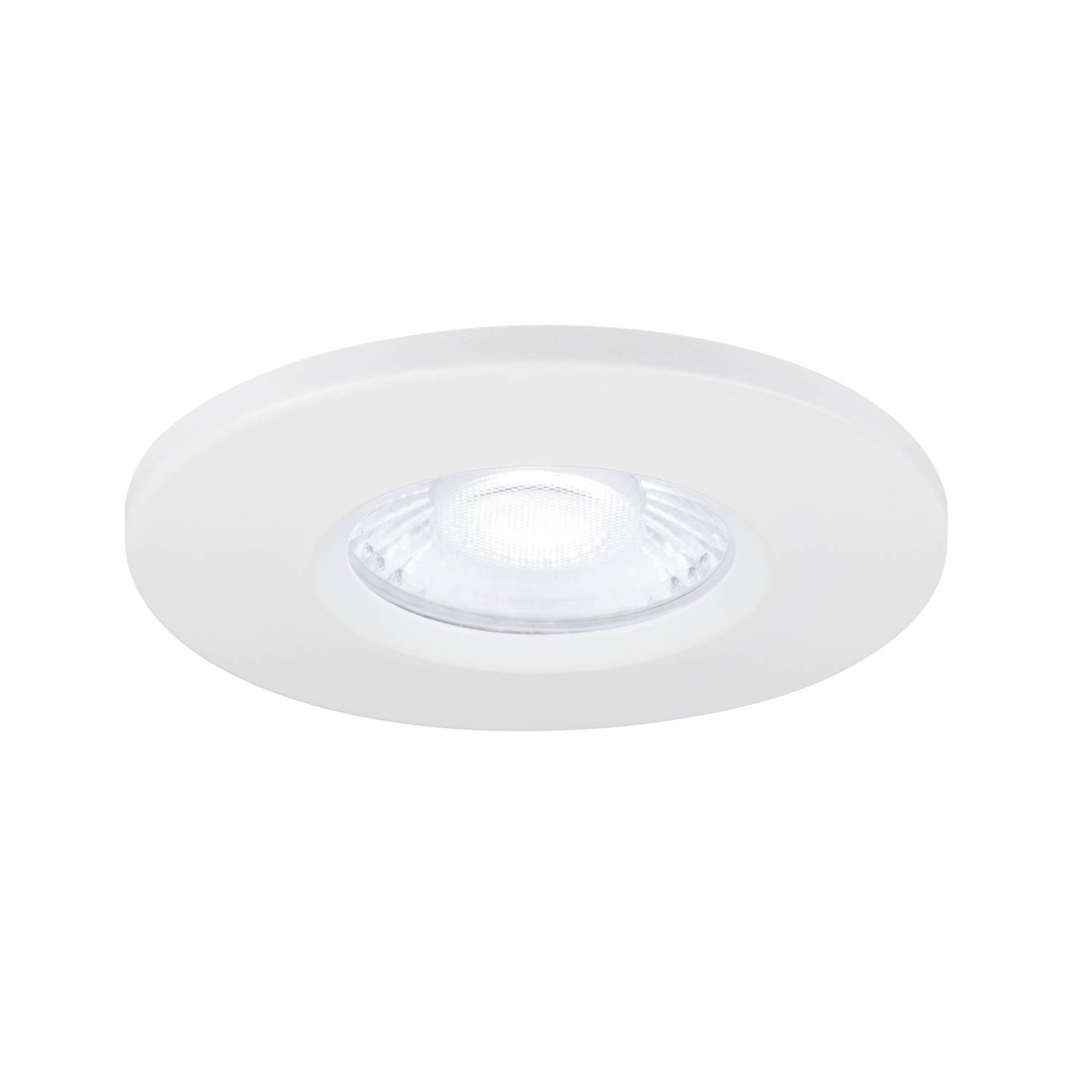 Eine weiße Deckenleuchte mit eingebautem LED-Spot strahlt warmes Licht aus. Sie ist flach und hat ein schlichtes Design.