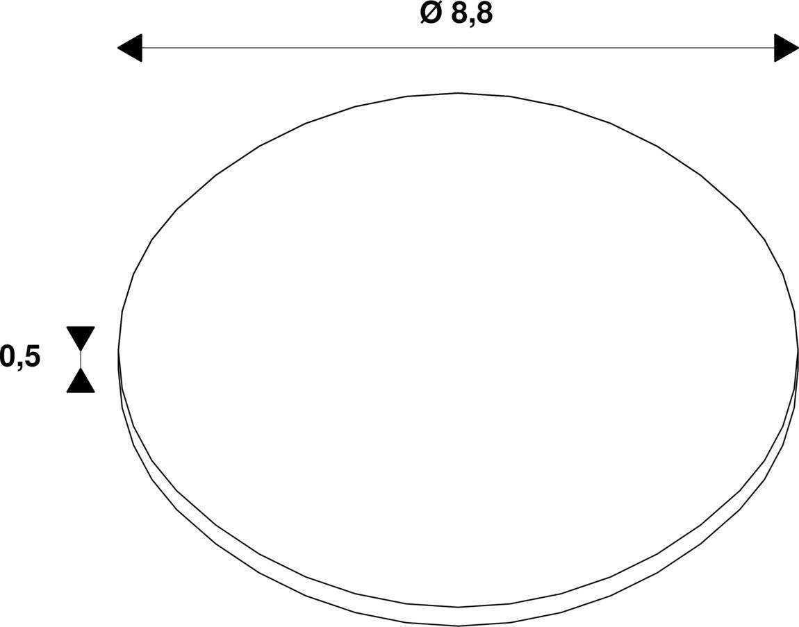 Eine flache Scheibe mit einem Durchmesser von 8,8 und einer Dicke von 0,5.
