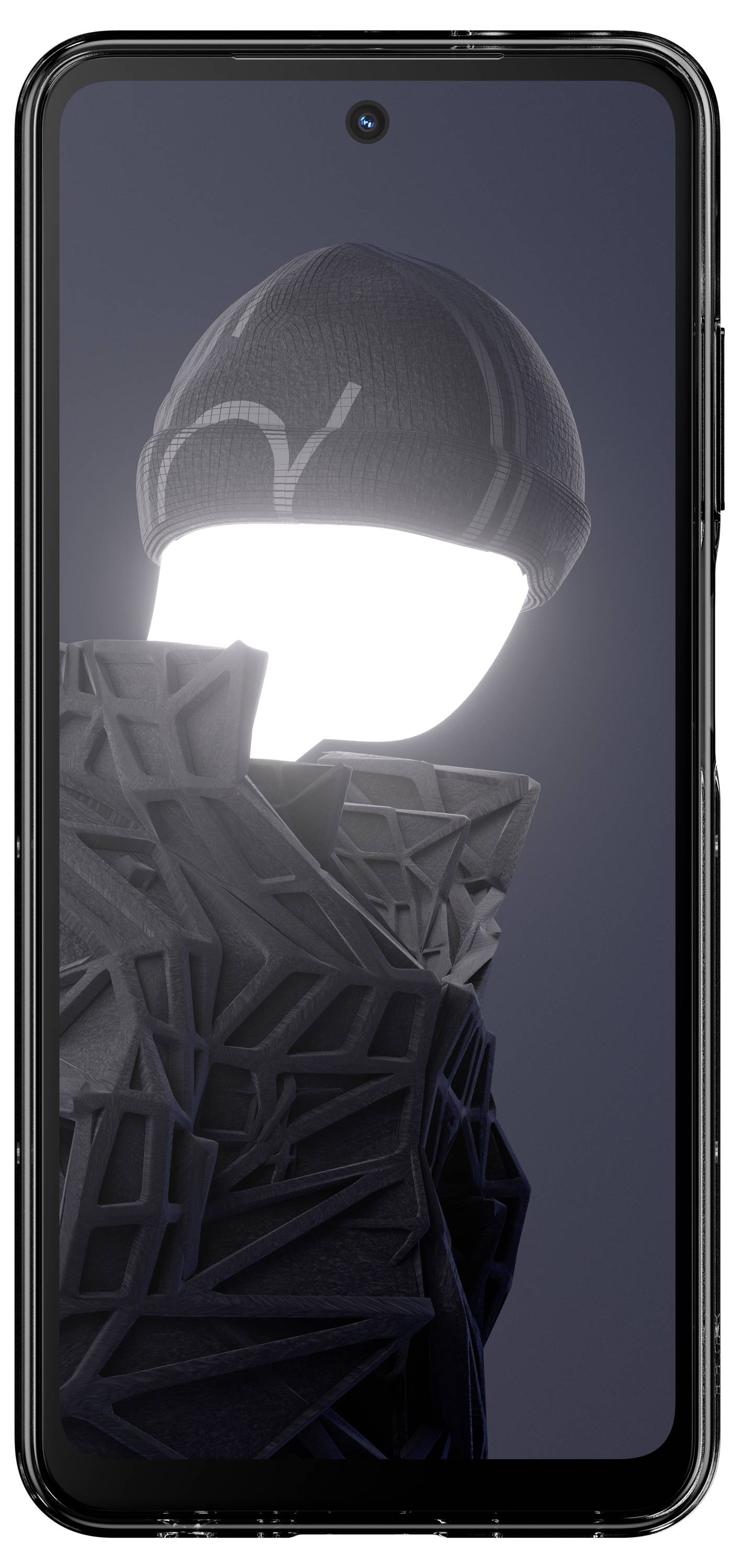 Eine abstrakte Kunstfigur mit leuchtendem Gesicht und strukturierter Jacke erscheint auf dem Bildschirm eines Smartphones.