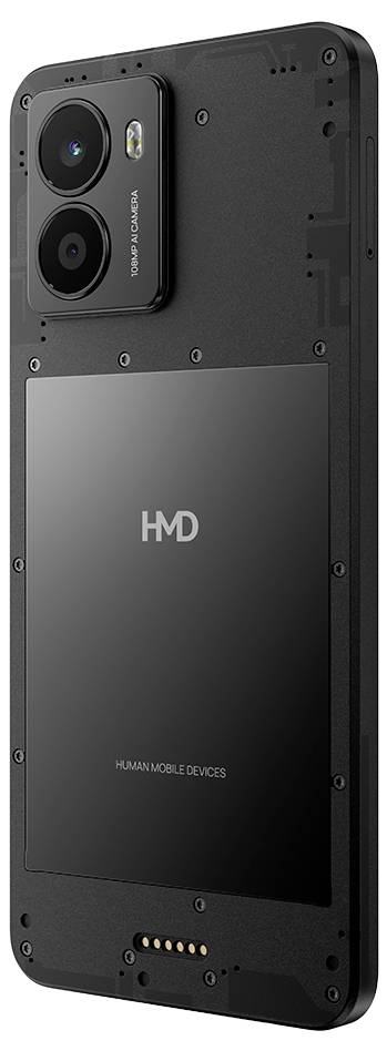 Smartphone mit mattschwarzer Rückseite und zwei Kameralinsen oben links. Markenlogo 'HMD' mittig.
