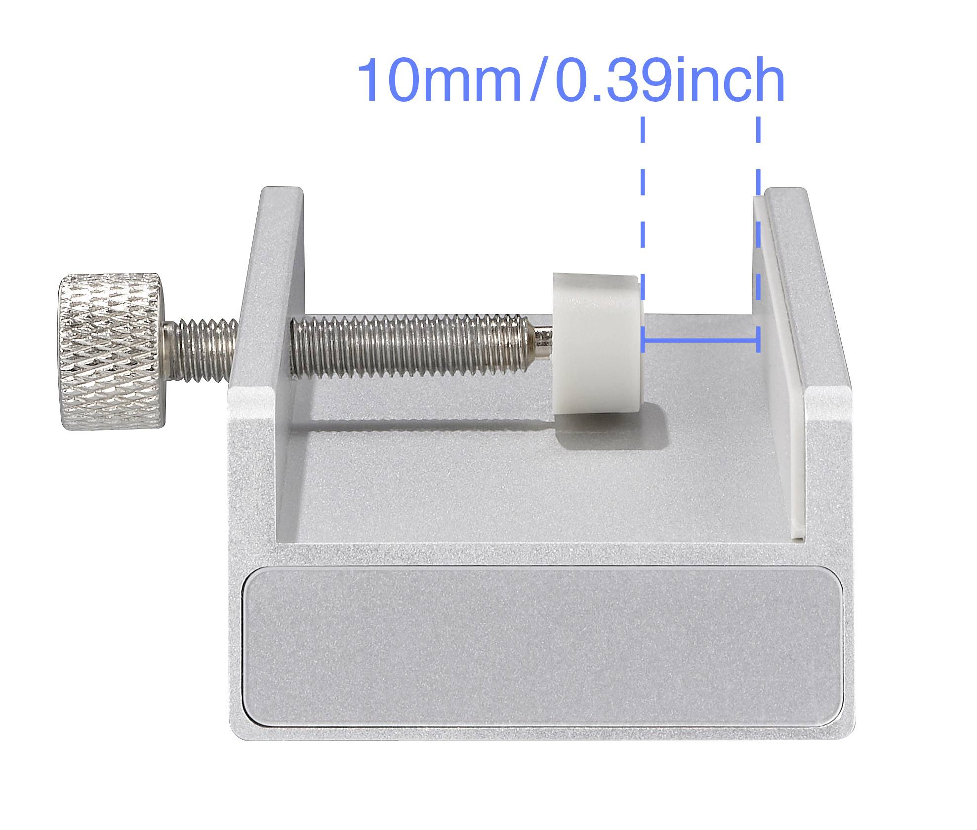 Metallklemme mit Schraube und Abstandshalter; markiert mit '10mm/0.39inch'.