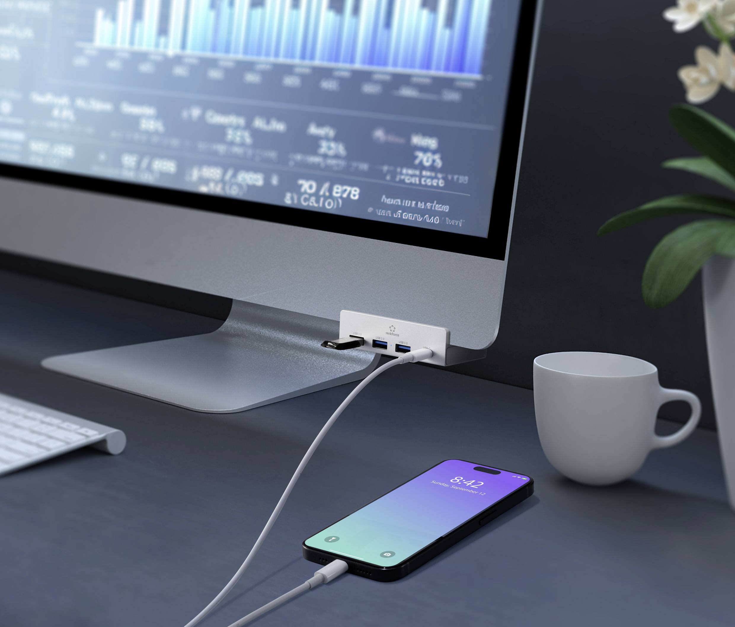 Ein Smartphone wird an einen Computer angeschlossen, der auf einem Schreibtisch mit einer Tasse steht. Der Bildschirm zeigt ein Diagramm.