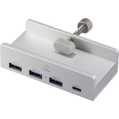 USB-Halterung aus Metall mit zwei USB 3.0 Anschlüssen und einem USB-C-Anschluss, geeignet zur Befestigung am Tischrand.