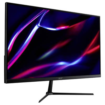 Ein moderner Computerbildschirm mit schwarzem Rahmen zeigt ein abstraktes Design in dunklen, leuchtenden Rot- und Blautönen.