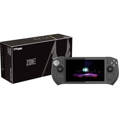 Handheld-Spielkonsole mit großer Anzeige und Steuerknöpfen, daneben eine Verpackung mit der Aufschrift 'ZONE'.