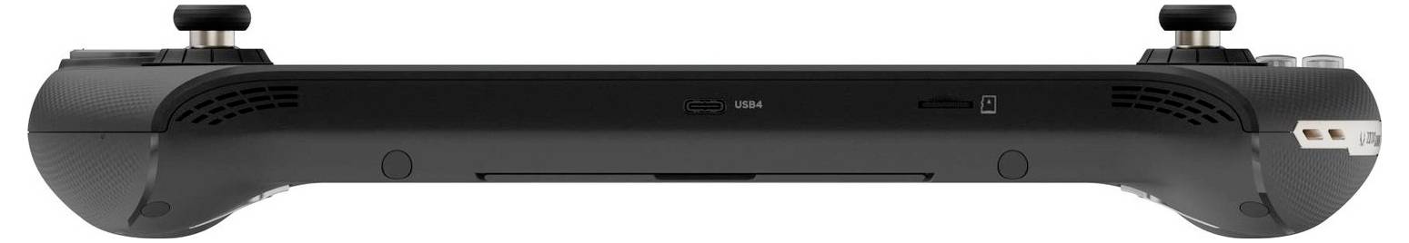 Spielekonsole in Schwarz, horizontal gezeigt. Sie hat zwei Steuerknöpfe oben und Belüftungsöffnungen an den Seiten.