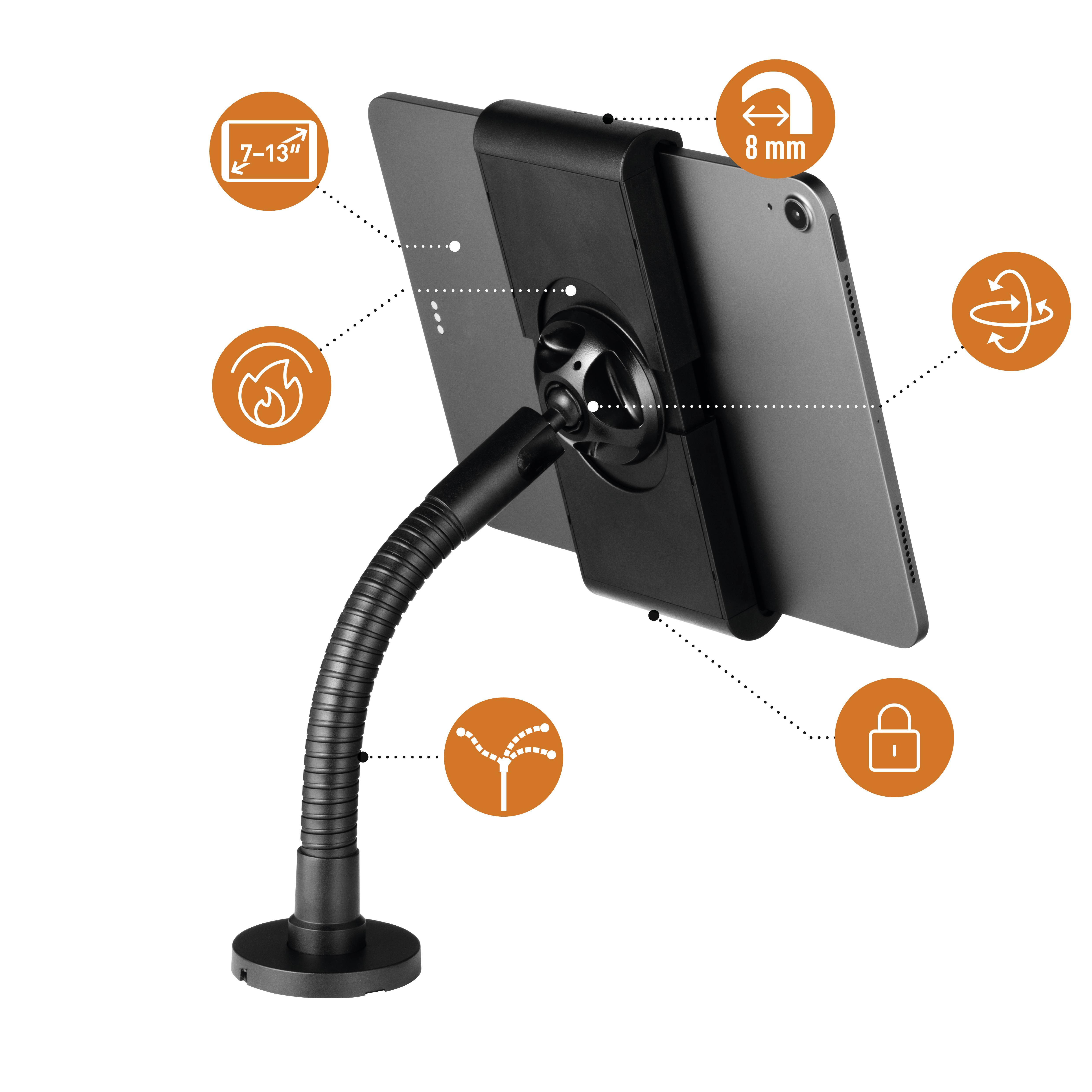 Tablet-Halterung mit flexiblem Schwanenhals, drehbar um 360 Grad, für Tablets mit bis zu 8 mm Dicke. Symbole zeigen Funktionen.