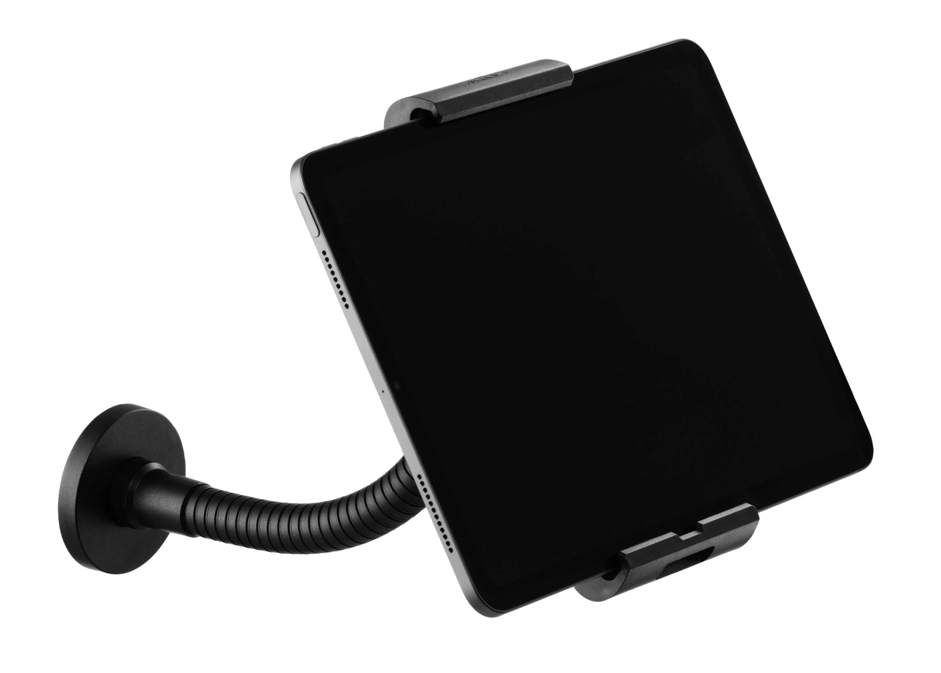 Ein Tablet an einer flexiblen Wandhalterung, schwenkbar montiert, ermöglicht einfachen Zugriff und Betrachtung auf Augenhöhe.