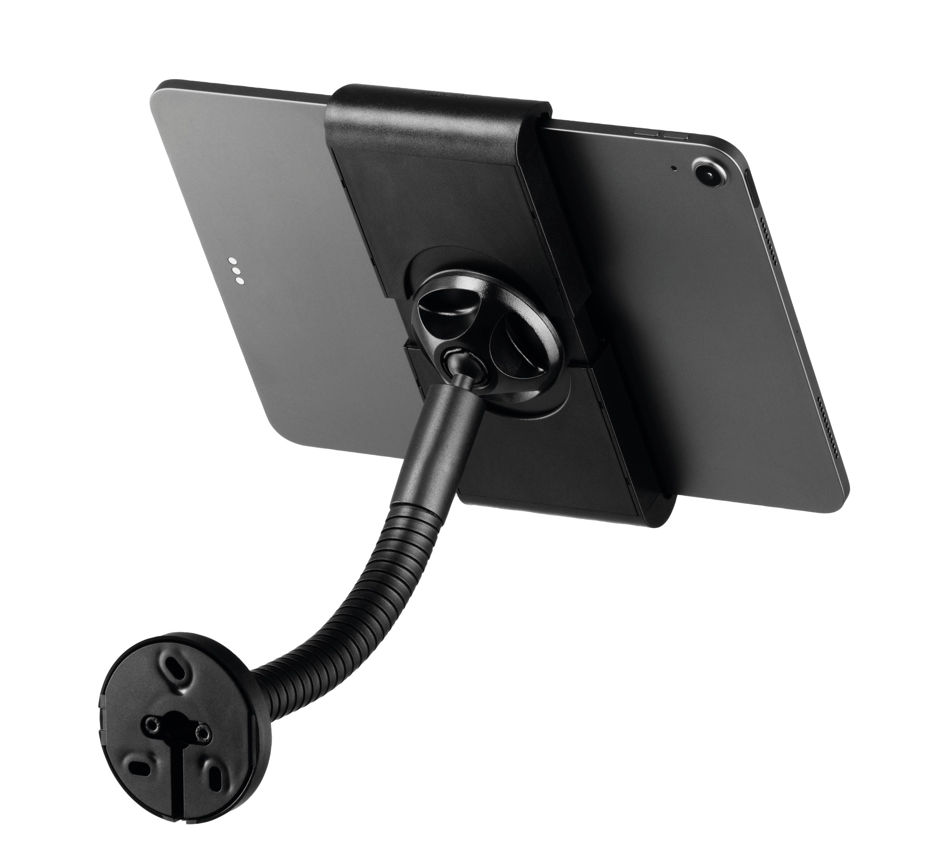 Ein schwarzer Tablet-Ständer mit flexiblem Arm und Saugfuß hält ein Tablet horizontal. Geeignet für freihändiges Betrachten.