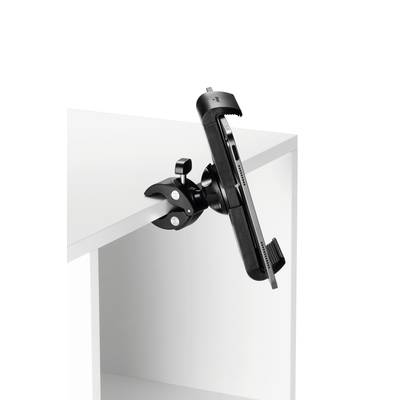 Tablet-Halterung an einer Tischkante befestigt, vertikal ausgerichtet, schwarzes Design, zeigt vielseitige Anwendungsmöglichkeiten.