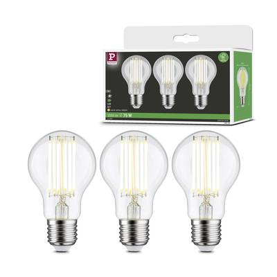 Drei transparente LED-Glühbirnen mit sichtbaren Filamenten, neben einer Verpackung, die das Produkt darstellt.