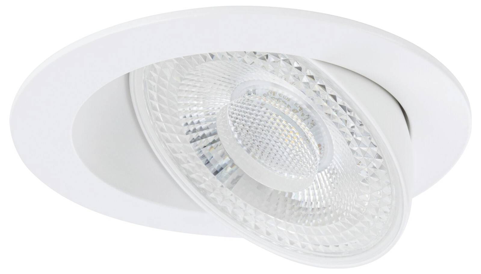 Weiße, runde Einbauleuchte mit klarem, strukturiertem Glas zur Lichtstreuung. Sie ist an der Decke montiert.
