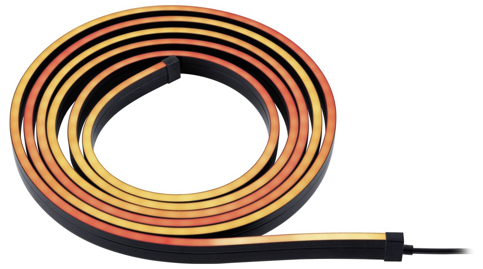 Ein flexibler LED-Leuchtstreifen in Schwarz mit leuchtenden Rot-, Orange- und Gelbtönen, aufgerollt auf weißem Hintergrund.