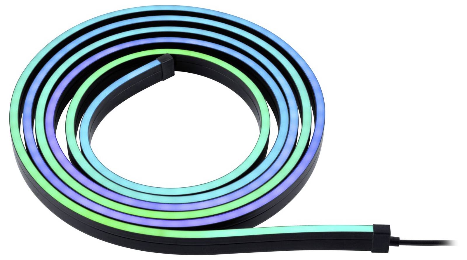 Eine mehrfarbige LED-Leiste, die in einer Spirale angeordnet ist, zeigt verschiedene Farben wie Blau und Grün.