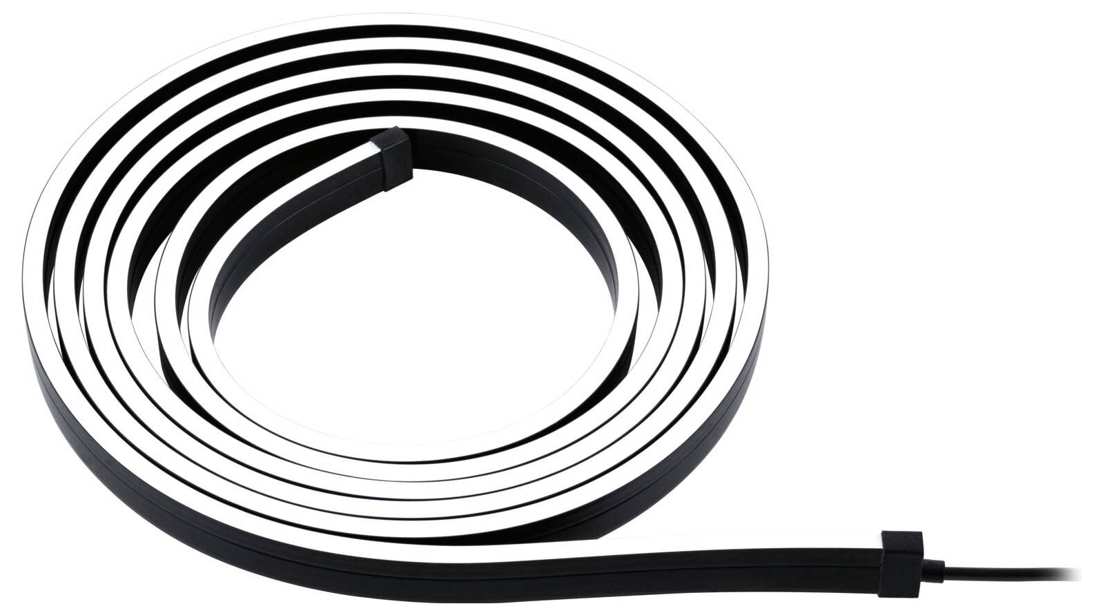 Ein aufgerolltes, schwarzes LED-Lichtband mit weißem Lichtsaum, bereit zum Einsatz oder zur Installation.
