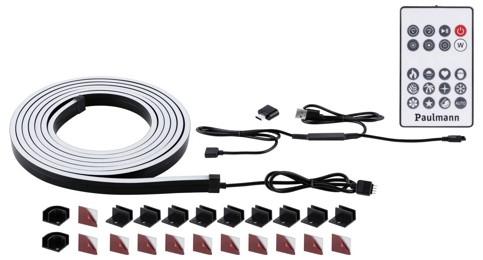 LED-Leuchten-Set mit Fernbedienung, Kabeln und Montagezubehör. Ideal zur benutzerdefinierten Beleuchtung und Dekoration.