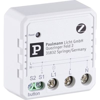 Ein weißer Schalter mit Markenlogo, Anschlüssen für L1, L2, S1, S2, N, Reset-Knopf und Firmeninformationen von Paulmann Licht GmbH.