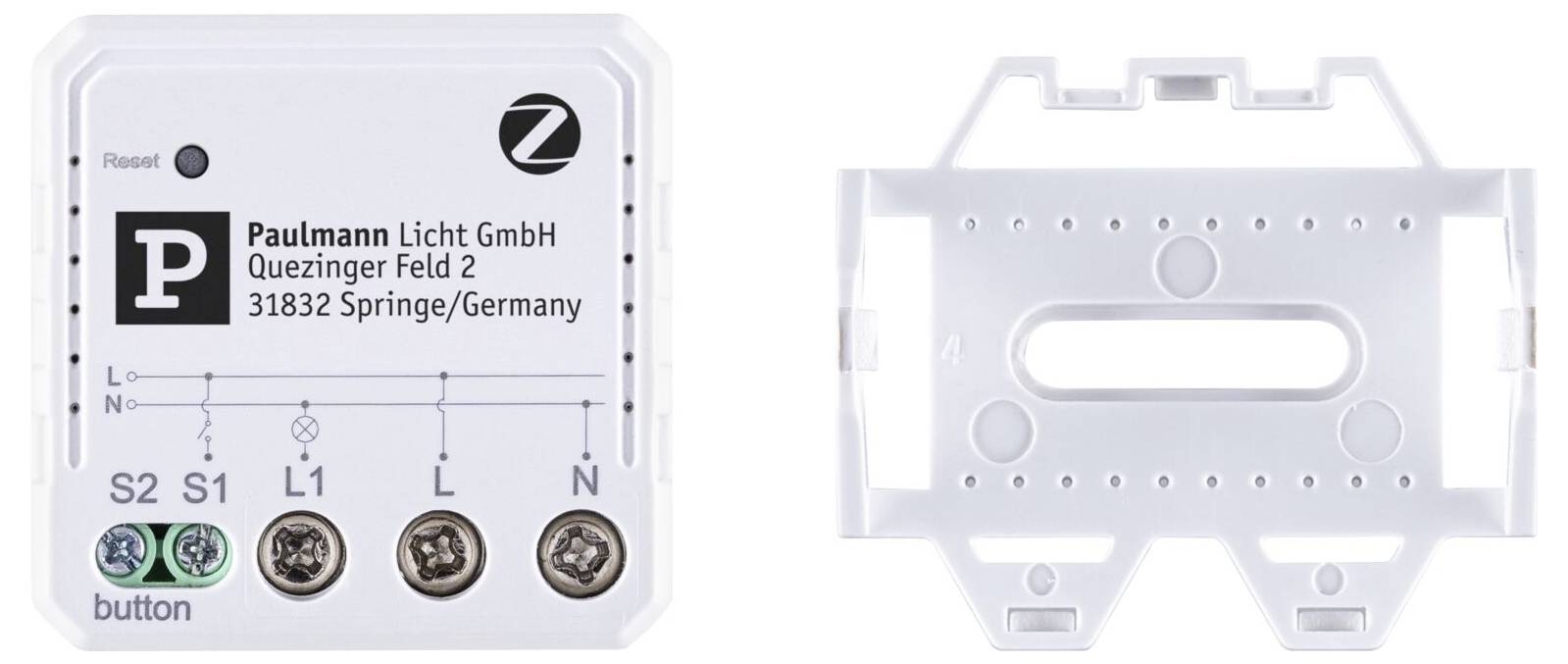 Zwei Geräte: links ein elektronisches Bauteil mit Schraubklemmen und Beschriftung; rechts eine Halterung zur Befestigung.