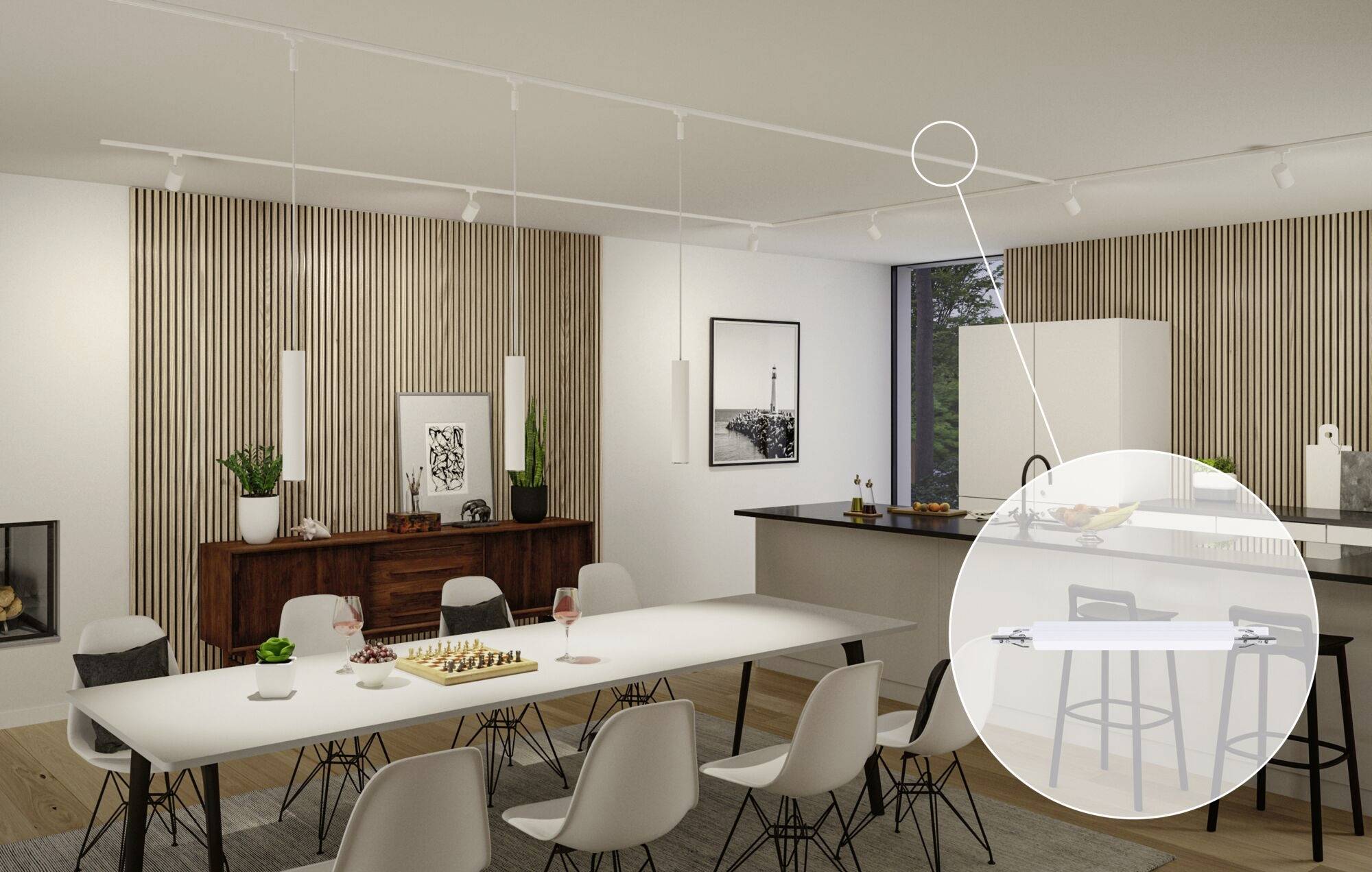 Esszimmer mit modernem Tisch, Stühlen und stilvollem Holzdekor. Helle Beleuchtung und minimalistische Kunst an der Wand.