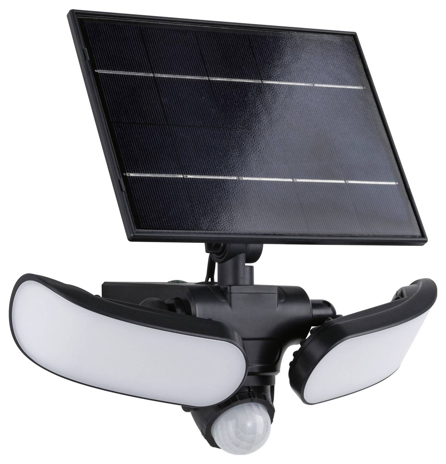 Solarlampe mit zwei LED-Leuchten und integriertem Bewegungssensor. Sie wird von einem großen Solarpanel an der Oberseite betrieben.
