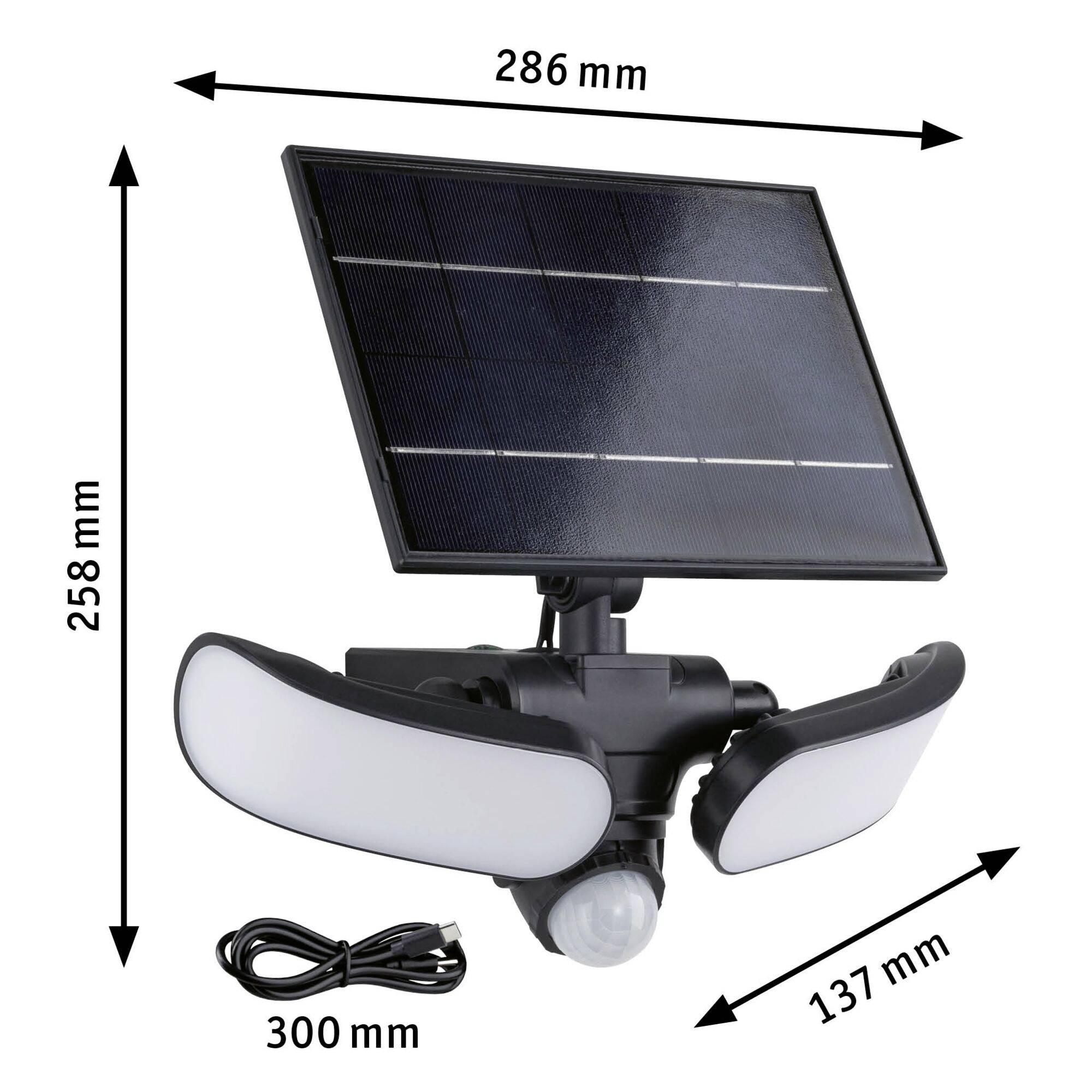 Eine solarbetriebene Sicherheitslampe mit Doppelleuchten und einem Bewegungssensor. Die Lampe ist schwarz mit spezifischen Abmessungen: Solarpanel 286 mm x 258 mm, Licht 137 mm, Kabel 300 mm.