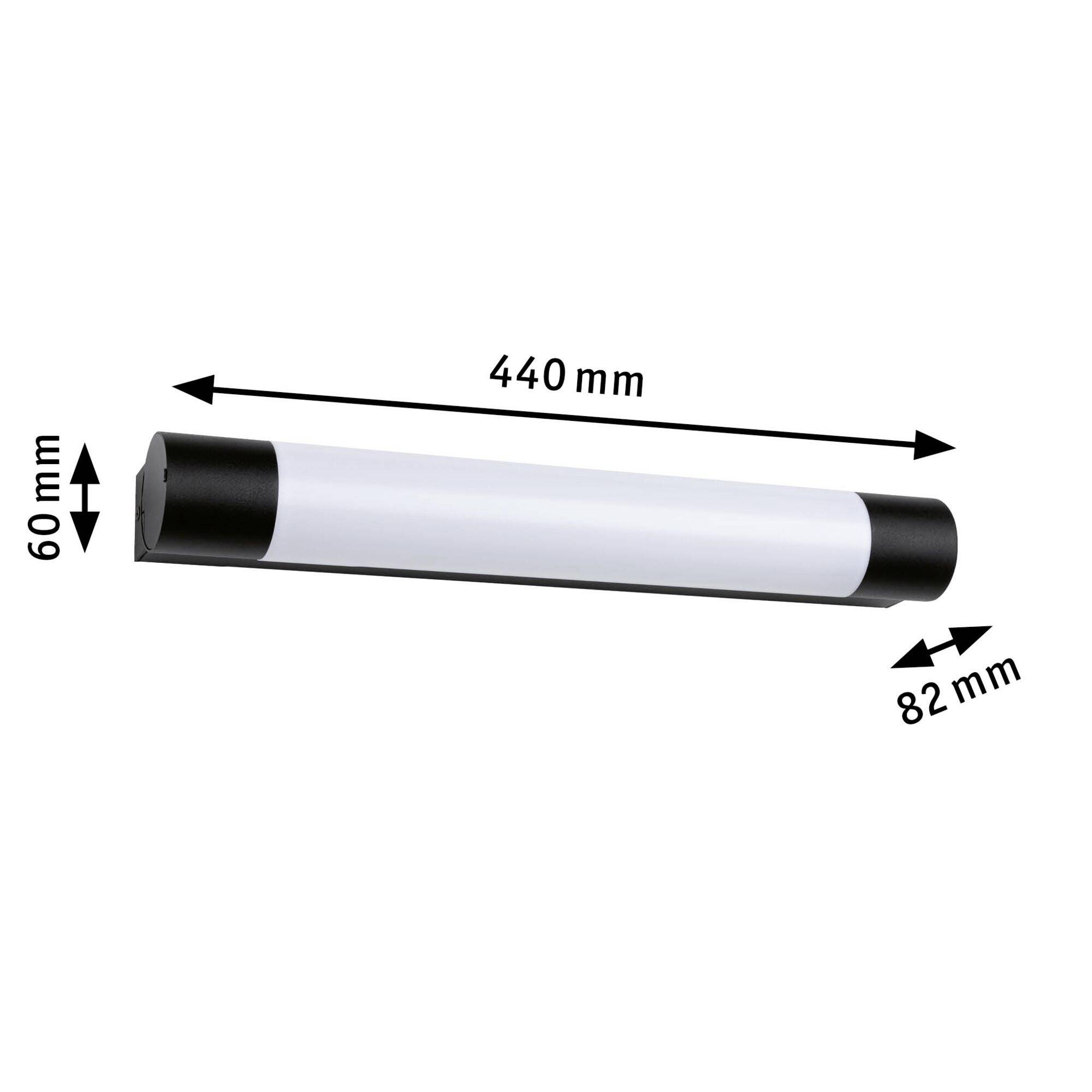 Lampenleuchte mit schwarzem Gehäuse und weißen Lichtpaneelen. Maße: 440 mm Breite, 60 mm Höhe, 82 mm Tiefe. Enthält Richtungspfeile.