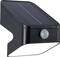 Schwarze Solarlampe mit einem Bewegungsmelder und oberem Solarpanel, geeignet für Außenbeleuchtung.