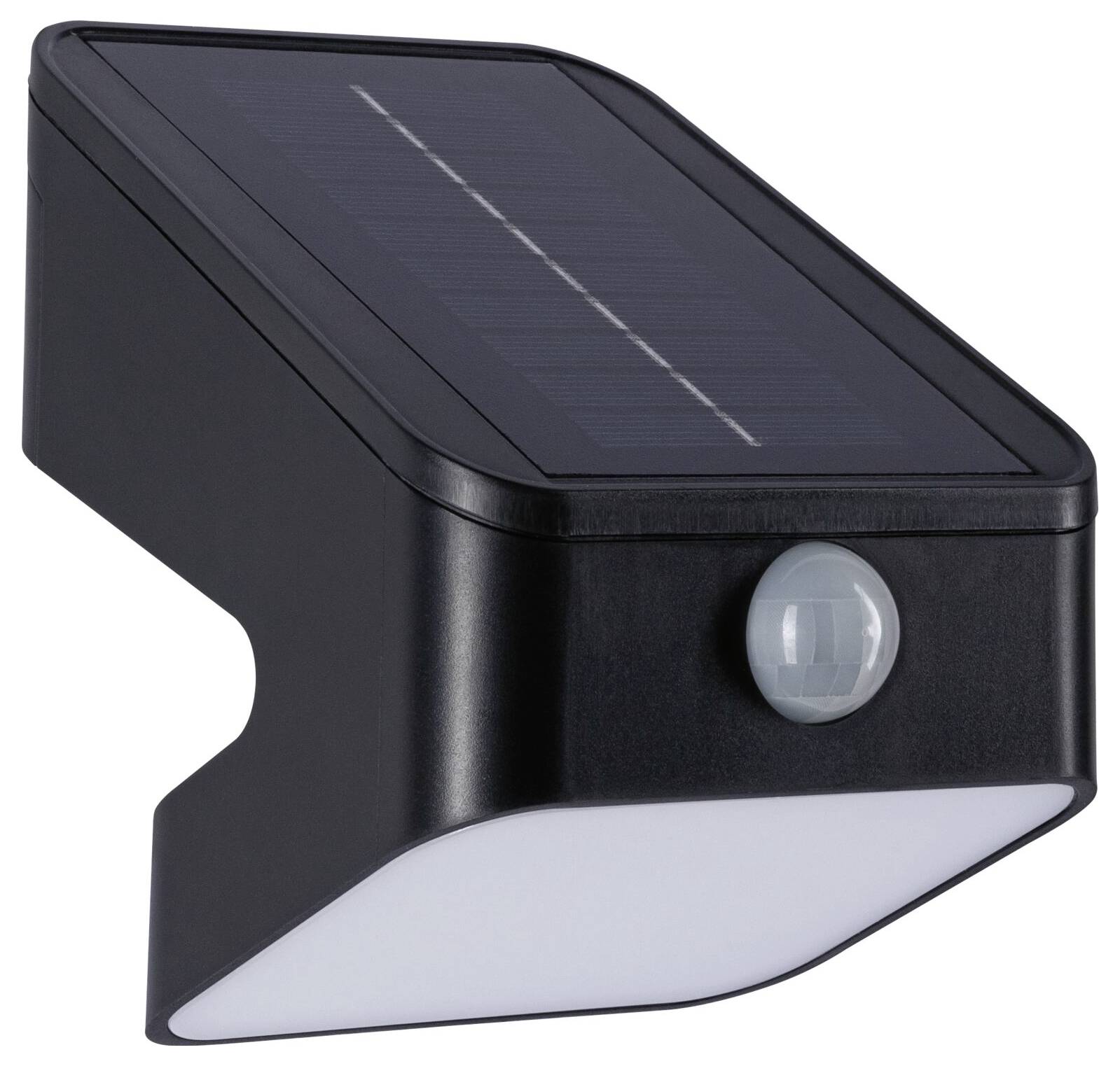 Schwarze Solarlampe mit integriertem Bewegungsmelder und Solarpanel auf der Oberseite.