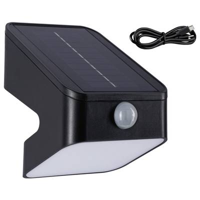 Schwarze Solarlampe mit integriertem Bewegungssensor und USB-Kabel, geeignet für Außenbeleuchtung.