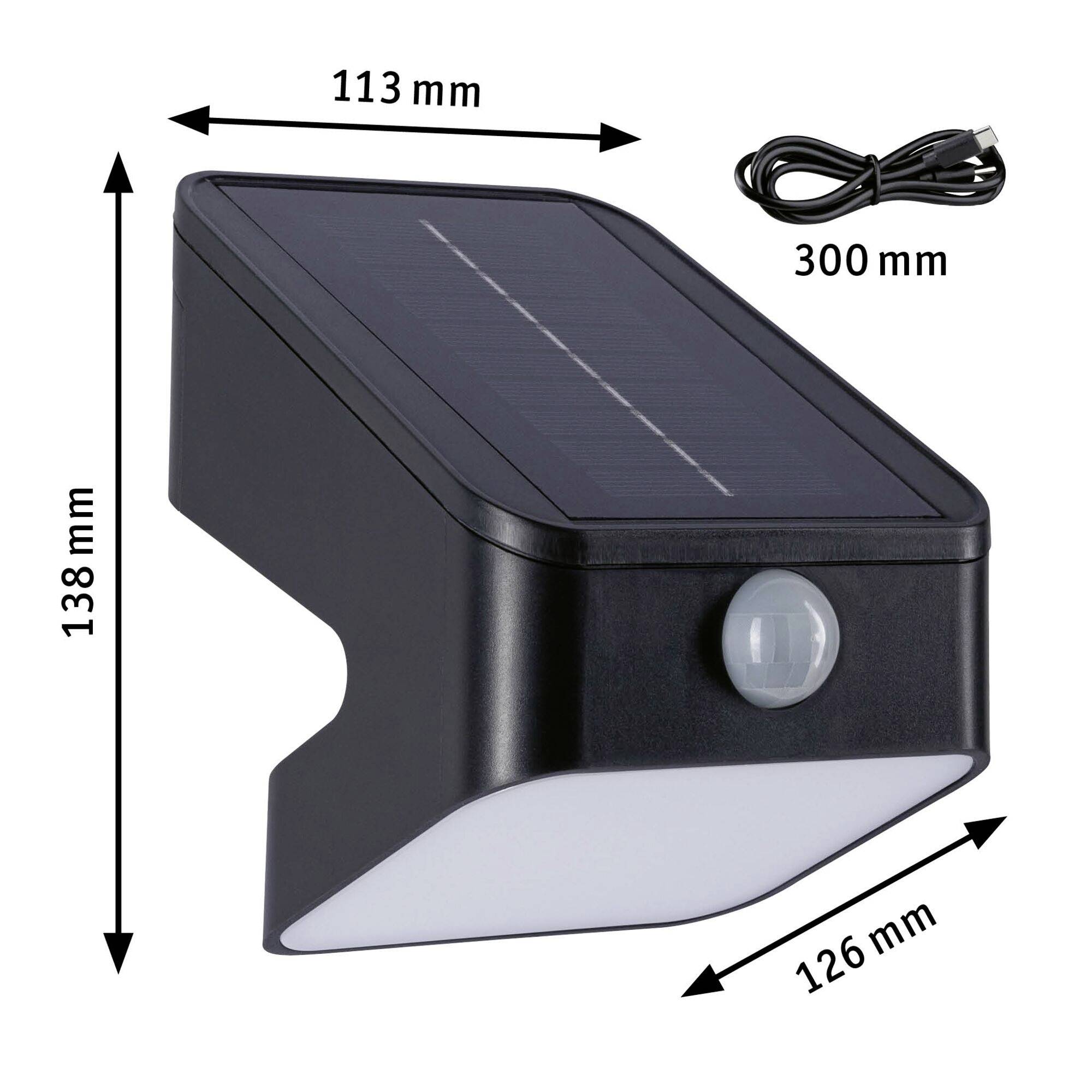 Schwarze Solarlampe mit Bewegungsmelder, Abmessungen: 113 mm x 126 mm x 138 mm. Inklusive 300 mm langes Ladekabel.