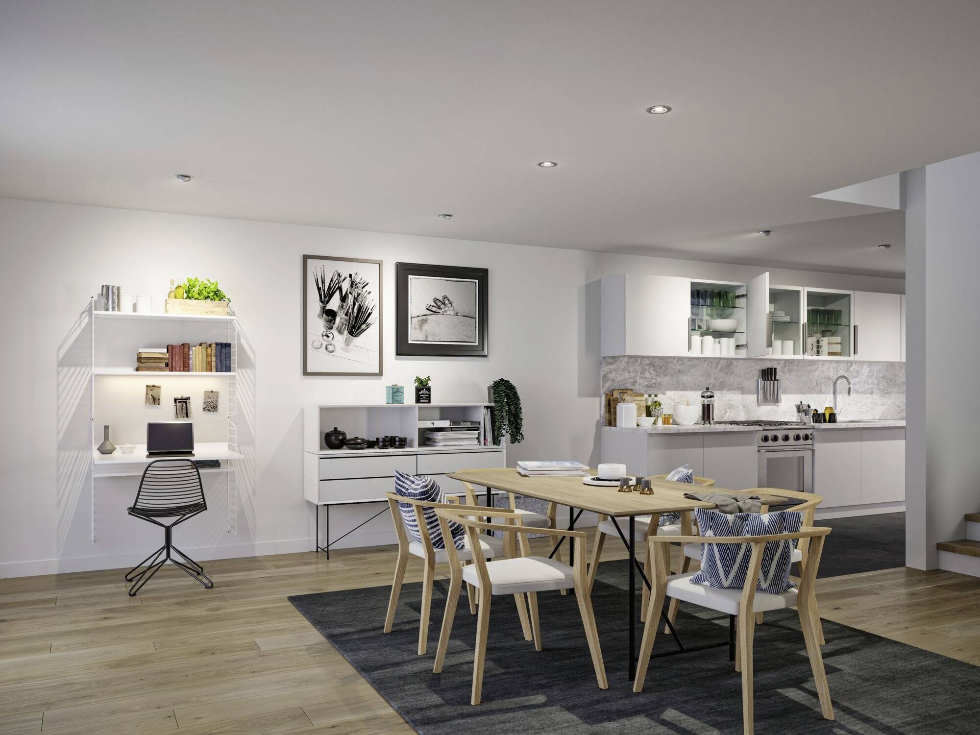Helles, modernes Wohnzimmer mit Esstisch, Stühlen, und integrierter Küchenzeile. Ein Schreibtisch mit Computer ist links an der Wand.