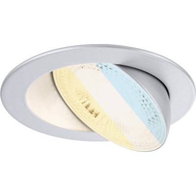 LED-Deckeneinbauspot mit dreh- und schwenkbarer Linse, ermöglicht variablen Lichtaustritt durch weiße und farbige Segmente.