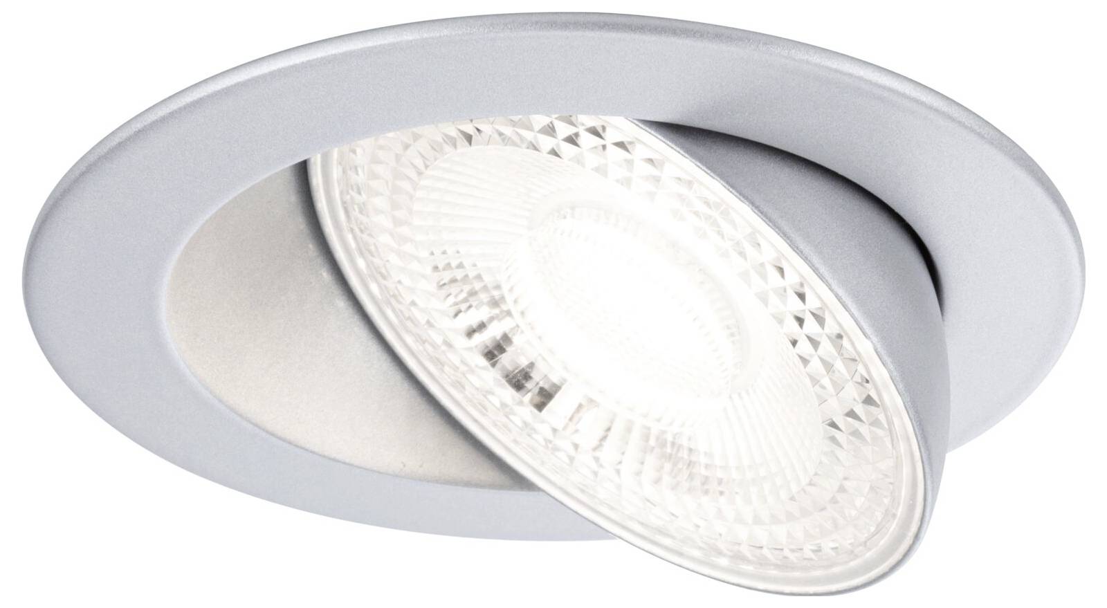 Einbau-LED-Spot in runder, verstellbarer Fassung. Ideal zur Akzentbeleuchtung in Innenräumen. Rechteckige Lichtquelle zentral platziert.