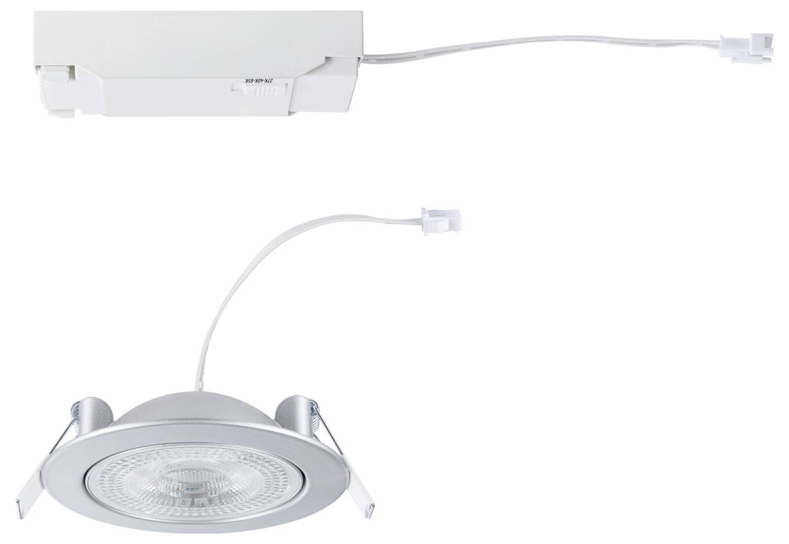 Einbauleuchte mit rundem, silbernem Gehäuse und integriertem LED-Element. Oberhalb ein Anschlusskasten mit Kabeln.