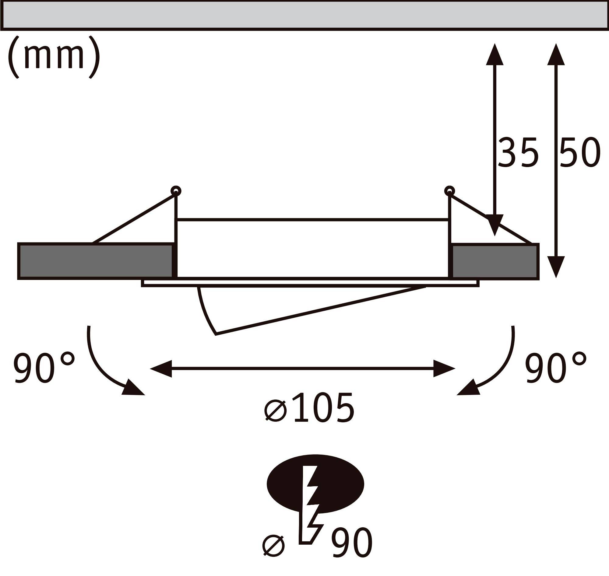Technische Zeichnung eines runden Deckeneinbaustrahler mit Maßen: Durchmesser 105 mm, Einbautiefe 35-50 mm, Abstrahlwinkel 90°.