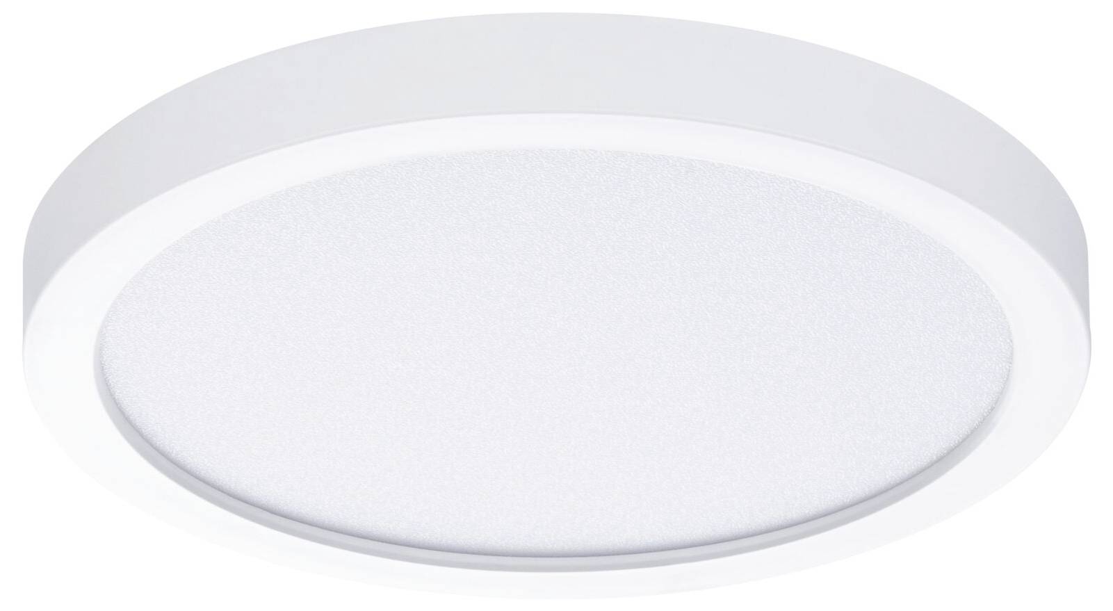 Weiße, runde LED-Deckenleuchte mit glatter Oberfläche; minimalistisch, geeignet für moderne Innenräume.