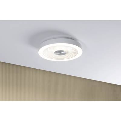 Deckenleuchte mit modernem, rundem Design, strahlt angenehmes weißes Licht aus. Lampe an weißer Decke über beigem, geripptem Hintergrund.