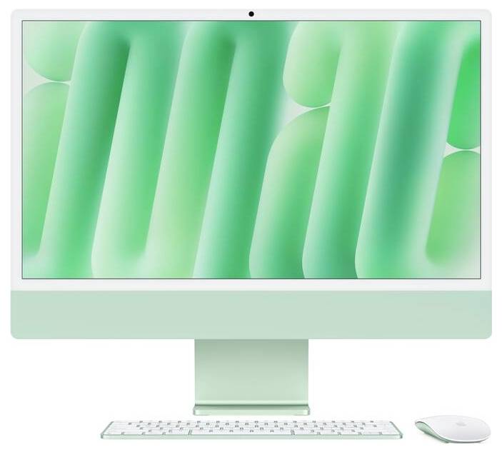 Ein moderner All-in-One-Computer mit grünem Bildschirmhintergrund. Auf einem Tisch mit Tastatur und Maus platziert.