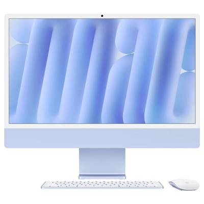 Ein stilvoller, moderner Computer in Hellblau mit Tastatur und Maus. Der Bildschirm zeigt ein blaues, abstraktes Hintergrundbild.