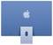 Rückansicht eines blauen Computers mit großem weißen Apfellogo in der Mitte. Der Standfuß ist ebenfalls blau.
