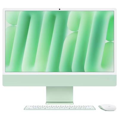 Ein grüner Desktop-PC mit Bildschirm, Maus und Tastatur. Der Bildschirm zeigt ein abstraktes, grünes Muster.