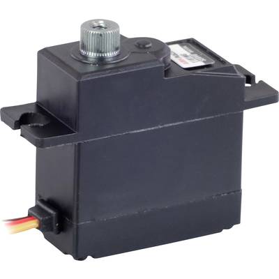 Schwarzer Servomotor mit mehreren Kabelanschlüssen auf der linken Seite.