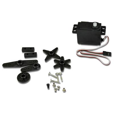 Servomotor mit verschiedenen Kunststoffarmen, Schrauben und Zubehör.
