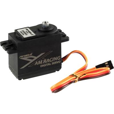 Ein schwarzes, digitales Servo von AMEWI mit orangefarbenen Kabeln und Stecker. Geeignet für RC-Fahrzeuge.