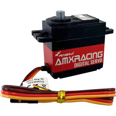 Ein schwarzes und rotes digitales Servo von AMX Racing mit Kabel und Stecker. Modell für präzise Steuerung von Fahrzeugen.