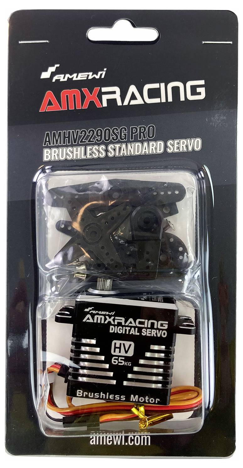 'AMX Racing AMHV2290SG Pro' Brushless Servo in Verpackung, 6V/65kg. Schwarze und orangefarbene Akzente, digitaler Servomotor.
