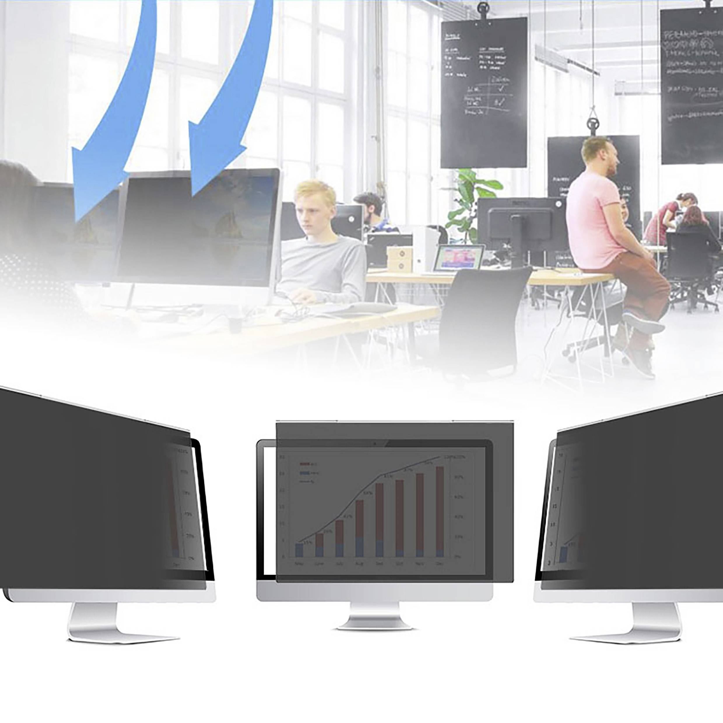 Ein Büro mit mehreren Personen an Computern. Unten sind drei Monitore, der mittlere zeigt ein Balkendiagramm.