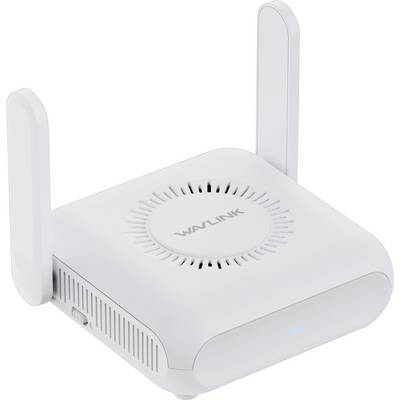 Weißer WLAN-Repeater mit zwei Antennen und einem LED-Licht an der Vorderseite. Markenname oben abgebildet.