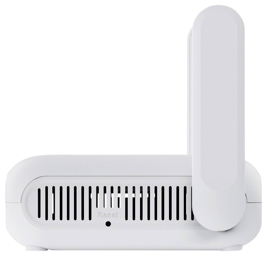 Ein weißer WLAN-Router mit einer aufrechten Antenne, seitlich gesehen. Lüftungsschlitze und ein 'Reset'-Knopf sind sichtbar.